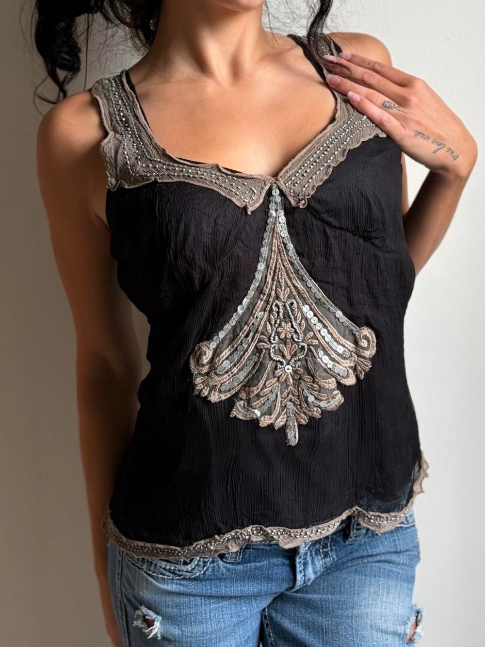 Vero Moda Beaded Embellished Black Silk Top